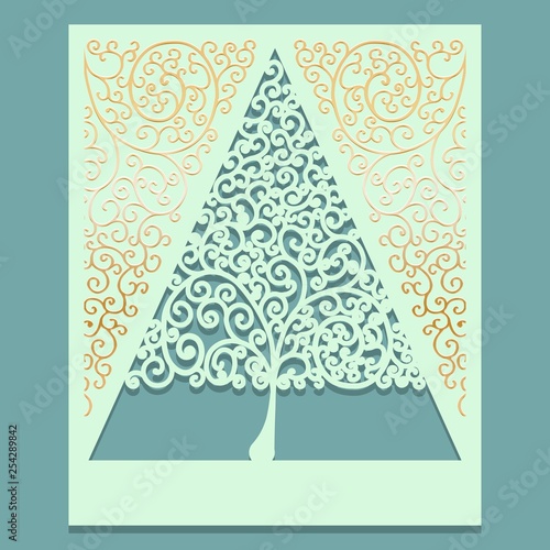Triangular or Christmas tree with curls. Decorative panel with gold swirls pattern for cutting paper cards, design elements , scrapbooking and other. Laser cut