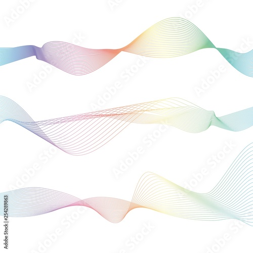 Set of Waves from many colored lines. Abstract wavy stripes isolated on white background. Creative line art. Trendy colourful blend.