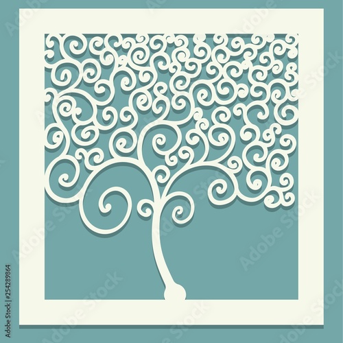 Square tree with curls. Decorative panel for cutting paper cards, design elements, scrapbooking and other. Laser cut. Vector illustration.