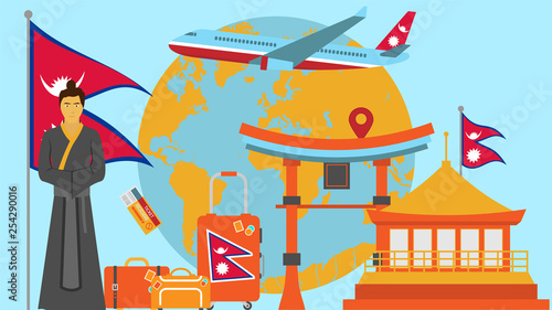 Welcome to Nepal postcard. Travel and safari concept of Asia world map vector illustration with national flag