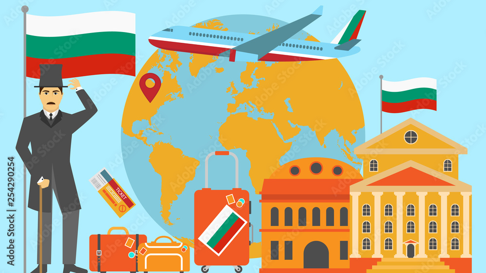Fototapeta premium Welcome to Bulgaria postcard. Travel and safari concept of Europe world map vector illustration with national flag