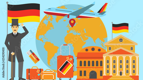 Welcome to Germany postcard. Travel and safari concept of Europe world map vector illustration with national flag
