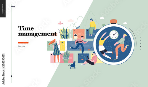 Technology 1 -Time management - modern flat vector concept digital illustration of time management metaphor, a stopwatch, timeline and people in workflow. Creative landing web page design template