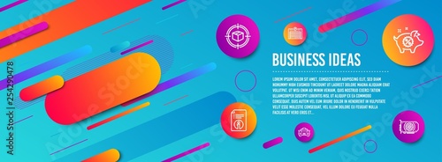 Header banner. Piggy sale, Parking garage and Technical info icons simple set. Parcel tracking, Taxi and Gpu signs. Discounts, Automatic door. Business set. Line piggy sale icon. Gradient elements