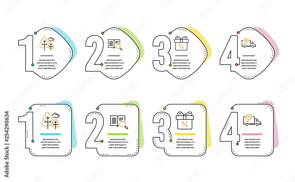 Discount offer, Tree and Search text icons simple set. Truck parking sign. Gift box, Forest plants, Open book. Free park. Business set. Infographic timeline. Line discount offer icon. Vector Discount offer, Tree and Search text icons simple set. Truck parking sign. Gift box, Forest plants, Open book. Free park. Business set. Infographic timeline. Line discount offer icon. Vector