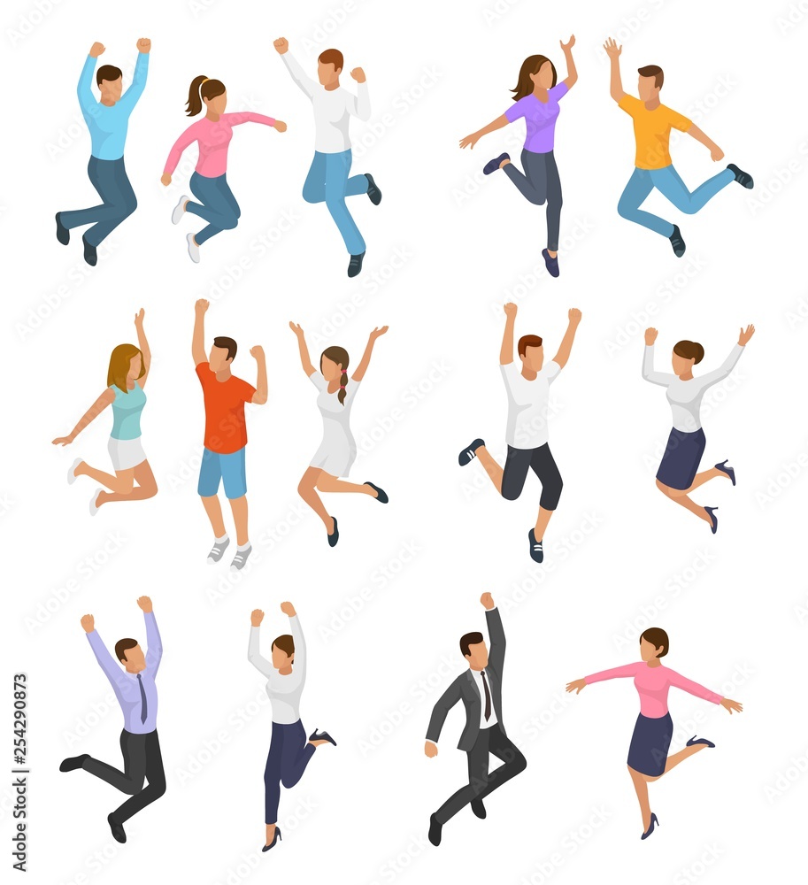 Jumping people vector happy woman or man character in activity of happiness and freedom illustration set of energy adults smiling men and women jump isolated on white background