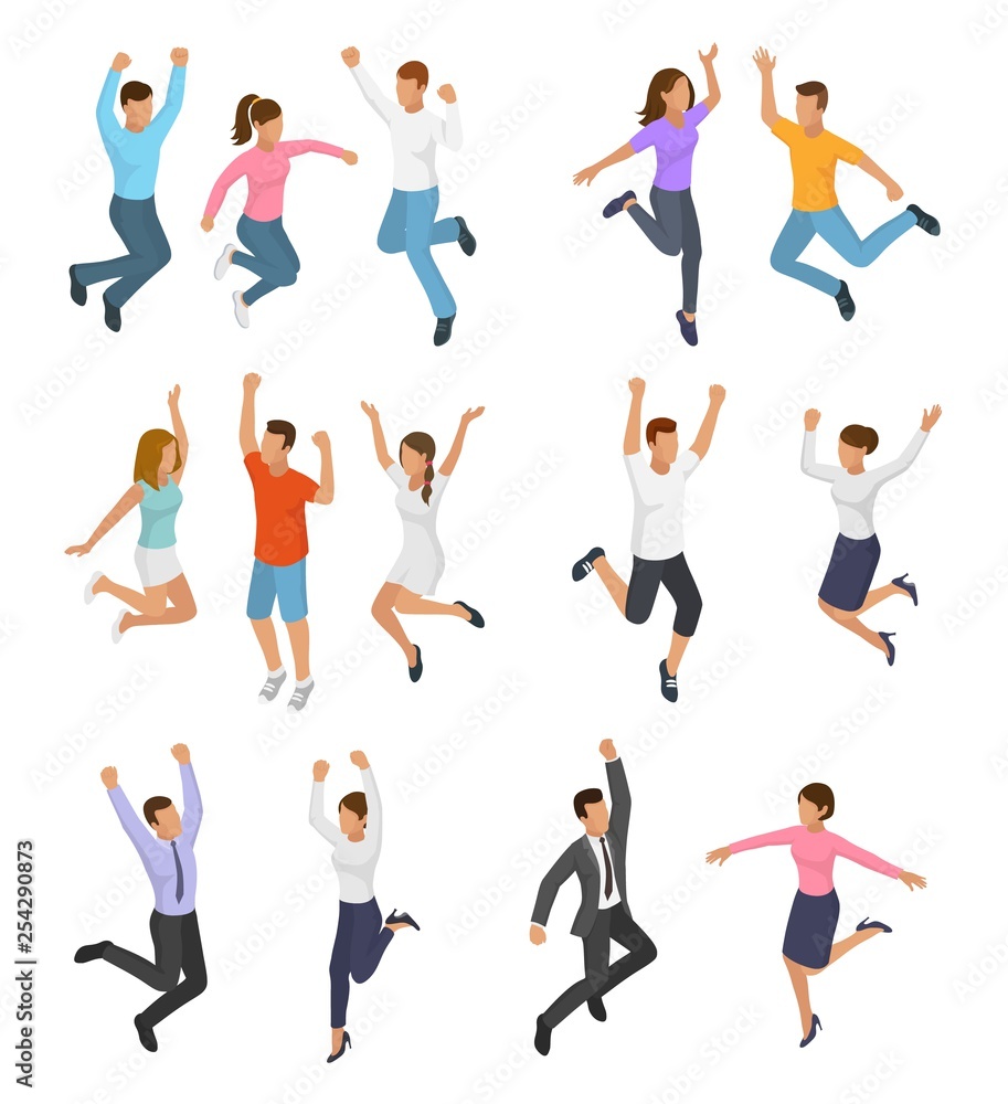 Jumping people vector happy woman or man character in activity of happiness and freedom illustration set of energy adults smiling men and women jump isolated on white background Jumping people vector happy woman or man character in activity of happiness and freedom illustration set of energy adults smiling men and women jump isolated on white background
