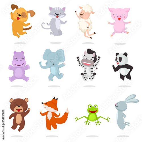 Kids animals vector cartoon animalistic characters dog cat baby piglet little panda illustration set of bunny jumping fox happy bear child isolated on white background