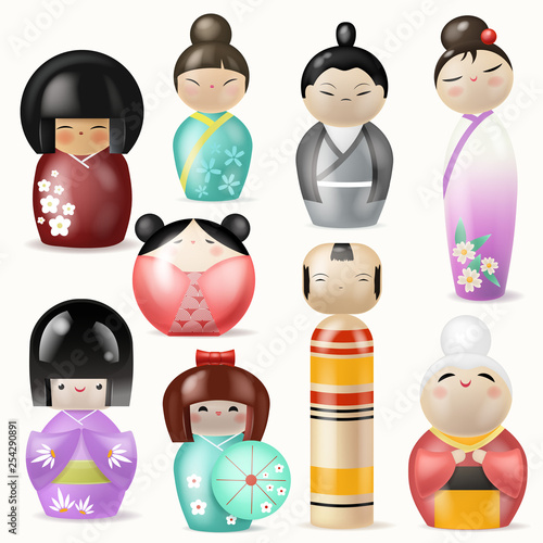 Japanese Kokeshi Dolls vector beautiful girl woman character geisha in female traditional girlie kimono in Japan illustration set of toys man kawaii isolated on white background