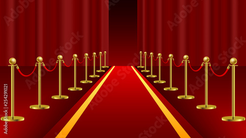 Red carpet ceremonial vip event or head of state visit realistic image with gold barriers