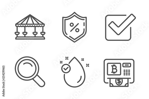 Carousels, Checkbox and Vitamin e icons simple set. Search, Loan percent and Bitcoin atm signs. Attraction park, Approved tick. Business set. Line carousels icon. Editable stroke. Vector