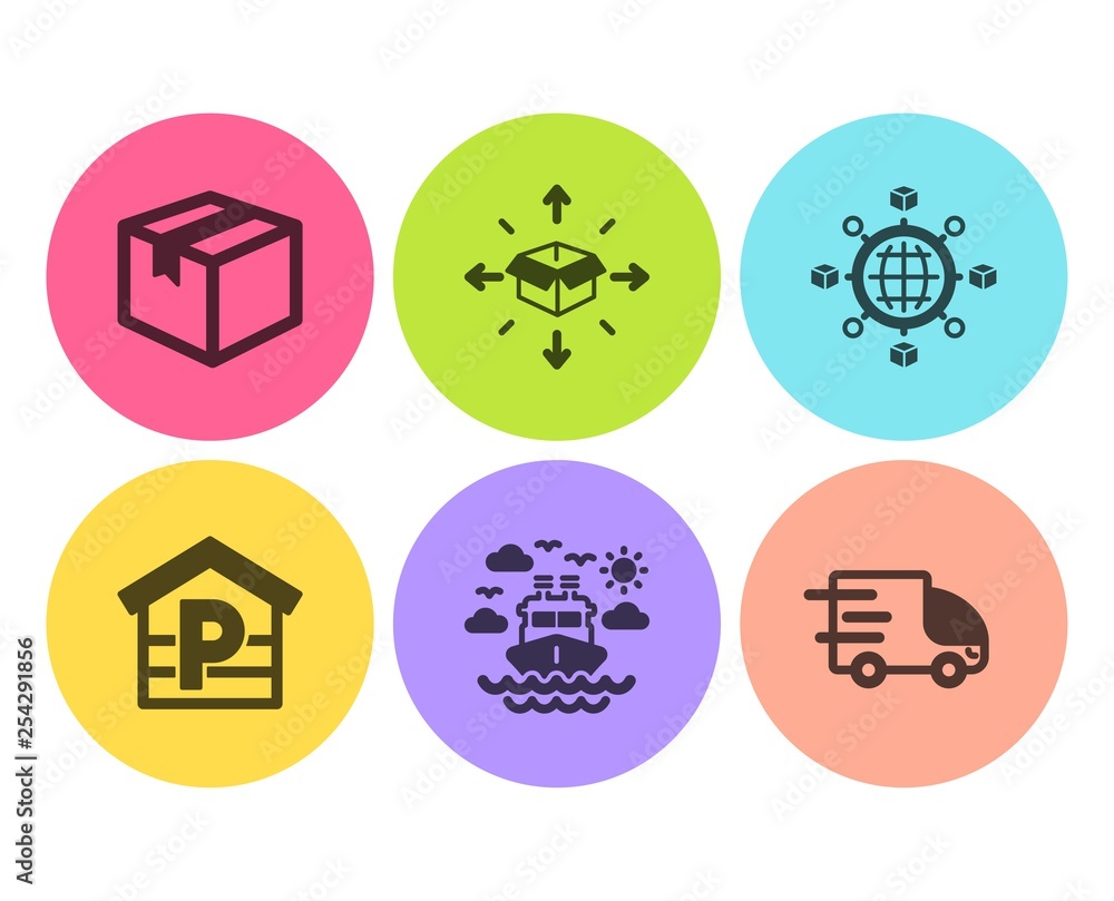 Parcel, Logistics network and Parcel delivery icons simple set. Parking, Ship travel and Truck delivery signs. Shipping box, International tracking. Transportation set. Flat parcel icon. Circle button Parcel, Logistics network and Parcel delivery icons simple set. Parking, Ship travel and Truck delivery signs. Shipping box, International tracking. Transportation set. Flat parcel icon. Circle button