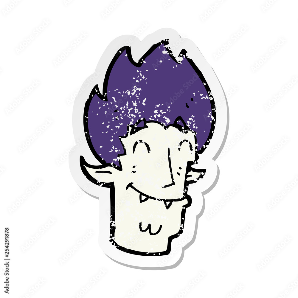 retro distressed sticker of a cartoon happy vampire head