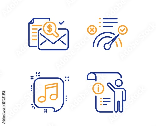 Musical note, Accounting report and Correct answer icons simple set. Manual doc sign. Speech bubble, Check finance, Approved. Project info. Education set. Linear musical note icon. Colorful design set