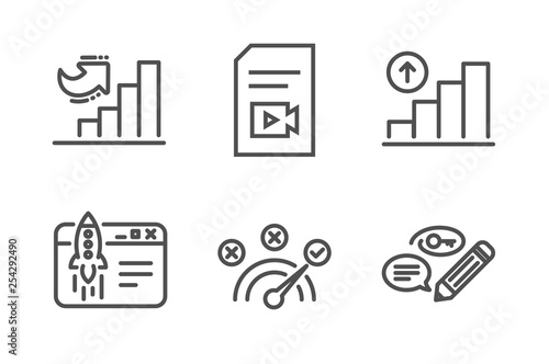 Growth chart, Video file and Correct answer icons simple set. Start business, Graph chart and Keywords signs. Diagram graph, Vlog page. Education set. Line growth chart icon. Editable stroke. Vector