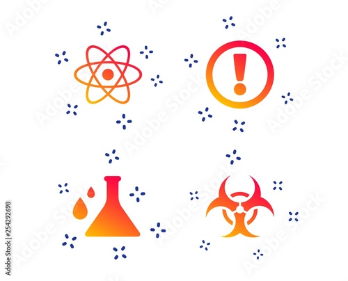 Attention and biohazard icons. Chemistry flask sign. Atom symbol. Random dynamic shapes. Gradient biohazard icon. Vector