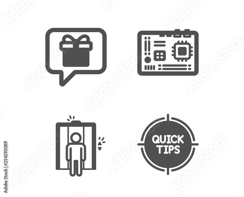 Set of Motherboard, Wish list and Elevator icons. Tips sign. Computer component, Present box, Lift. Quick tricks.  Classic design motherboard icon. Flat design. Vector © blankstock