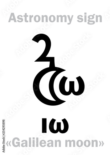 Astrology Alphabet: IO (Ιω, «Galilean moon I»), one of the four large satellites of Jupiter. Hieroglyphic character sign (astronomical symbol).