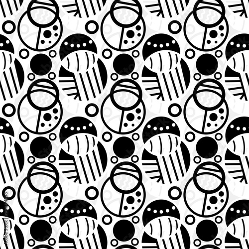 Decorative black and white doodled circles seamless pattern tile for futuristic modern surface designs, textile, fabric, wallpaper, background, templates and backdrop