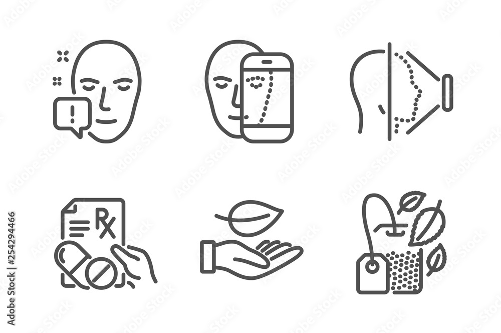 Face id, Leaf and Face attention icons simple set. Prescription drugs, Mint bag signs. Phone scanning, Plant care. Healthcare set. Line face id icon. Editable stroke. Vector Face id, Leaf and Face attention icons simple set. Prescription drugs, Mint bag signs. Phone scanning, Plant care. Healthcare set. Line face id icon. Editable stroke. Vector