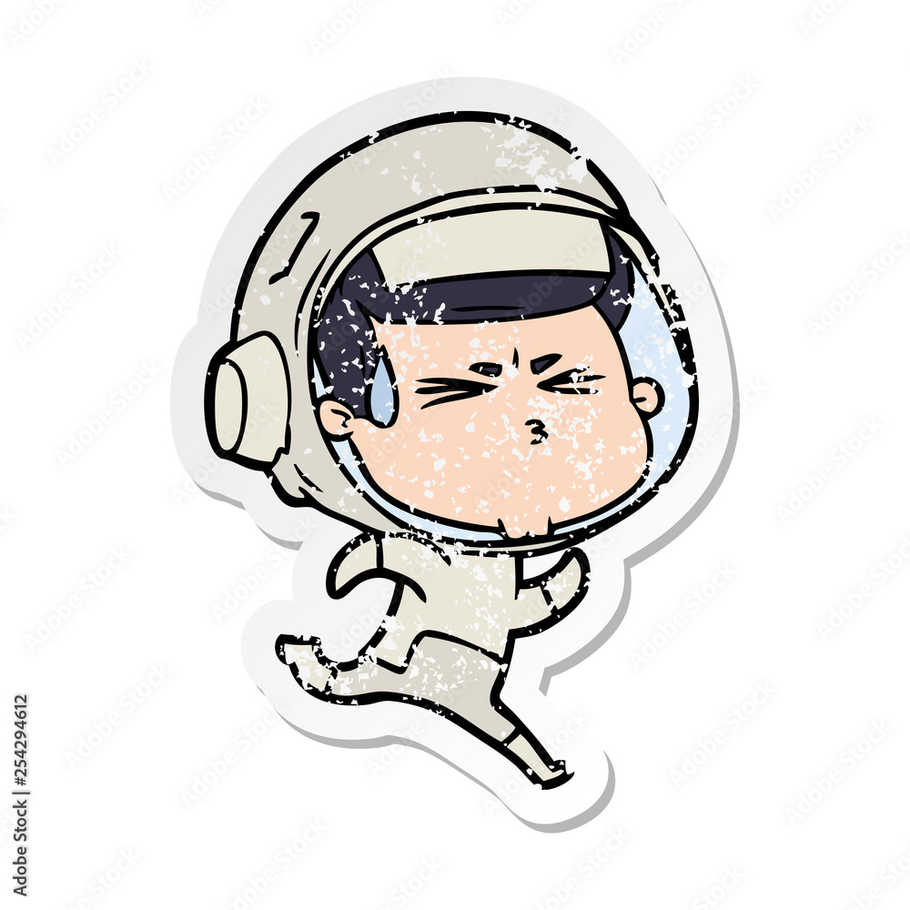 distressed sticker of a cartoon stressed astronaut