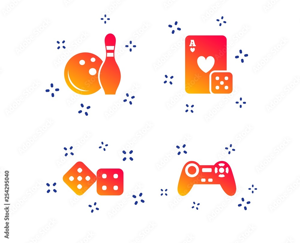 Bowling and Casino icons. Video game joystick and playing card with dice symbols. Entertainment signs. Random dynamic shapes. Gradient casino icon. Vector