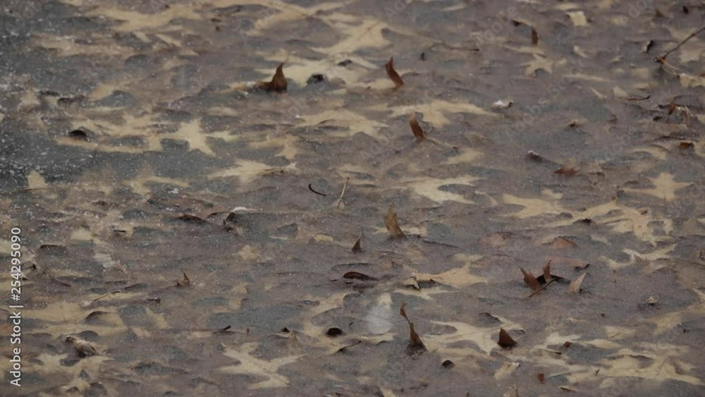 Snow melts, then accumulates on the frozen surface of a pond in time-lapse motion. Snow melts, then accumulates on the frozen surface of a pond in time-lapse motion.