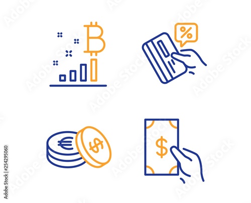 Credit card, Savings and Bitcoin graph icons simple set. Receive money sign. Loan percent, Cash coins, Cryptocurrency analytics. Cash payment. Finance set. Linear credit card icon. Colorful design set