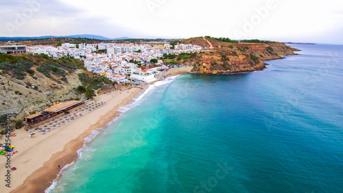 Aerial view in beach of Algarve. Portugal. Drone Photo photo