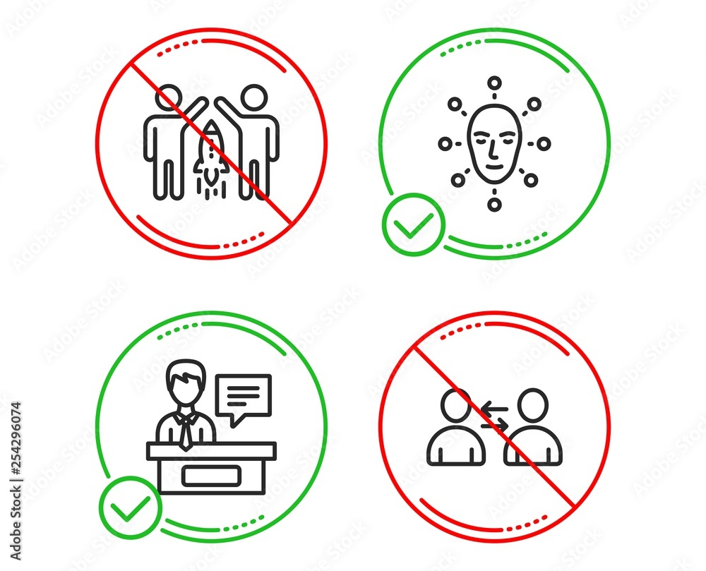Do or Stop. Face biometrics, Exhibitors and Partnership icons simple set. Communication sign. Facial recognition, Information desk, Business startup. Users talking. People set. Vector Do or Stop. Face biometrics, Exhibitors and Partnership icons simple set. Communication sign. Facial recognition, Information desk, Business startup. Users talking. People set. Vector