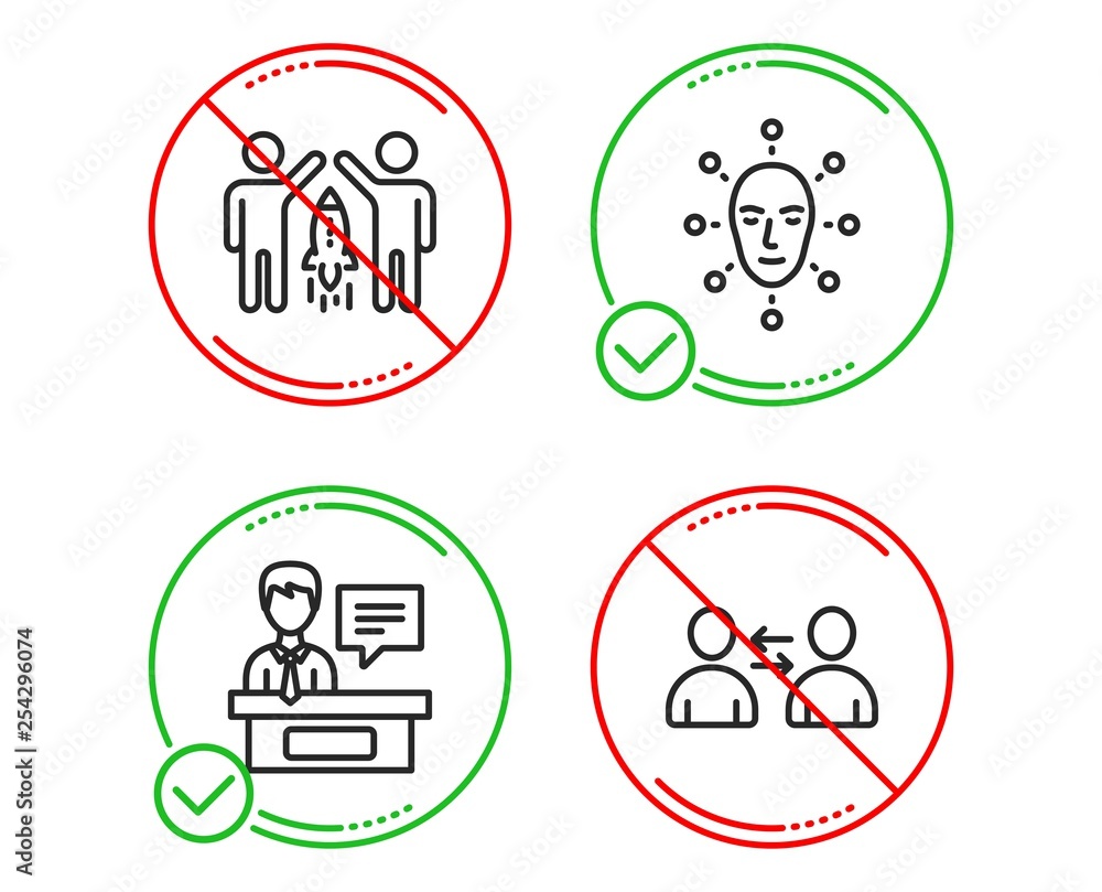 Do or Stop. Face biometrics, Exhibitors and Partnership icons simple set. Communication sign. Facial recognition, Information desk, Business startup. Users talking. People set. Vector