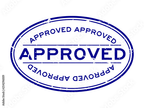 Grunge blue approved word oval rubber seal stamp on white background