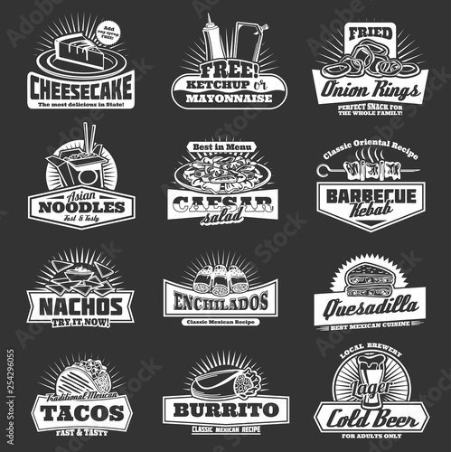 Restaurant of fast food snacks monochrome icons