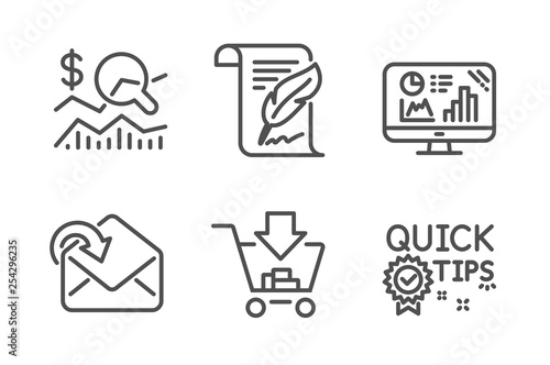 Check investment, Receive mail and Shopping icons simple set. Feather, Analytics graph and Quick tips signs. Business report, Incoming message. Line check investment icon. Editable stroke. Vector