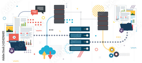 File sharing and data backup. Shared data, documents, videos and photos. Internet computer users download files safely. Template in flat design for web banner or infographic in vector illustration.