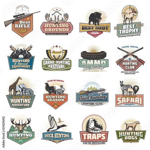 Safari and hunting sport icons, equipment