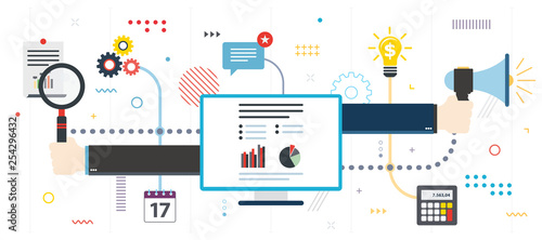 Business, communication and growth report. Idea and strategy communication for growth and new investments. Template in flat design for web banner or infographic with icons in vector illustration.