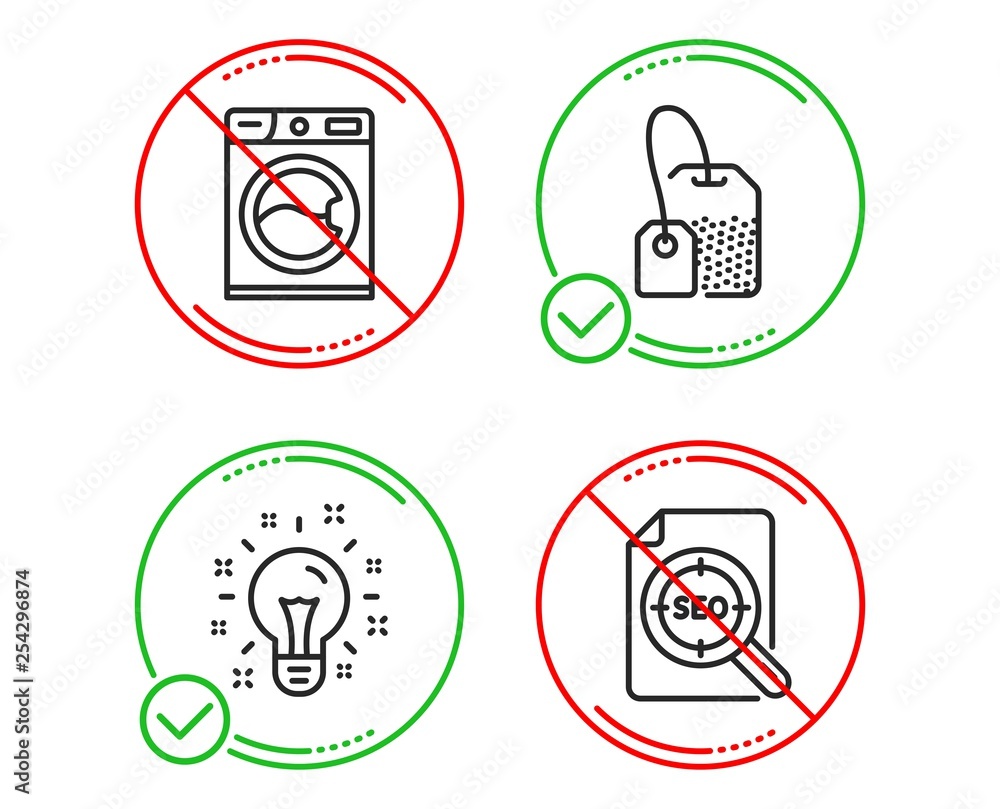 Do or Stop. Idea, Washing machine and Tea bag icons simple set. Seo file sign. Creativity, Laundry service, Brew hot drink. Search document. Line idea do icon. Prohibited ban stop. Good or bad. Vector Do or Stop. Idea, Washing machine and Tea bag icons simple set. Seo file sign. Creativity, Laundry service, Brew hot drink. Search document. Line idea do icon. Prohibited ban stop. Good or bad. Vector