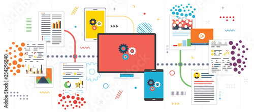 Deleting system data and computer network. Organize paperwork and files, eliminate trash.Template in flat design for web banner or infographic with icons in vector illustration.