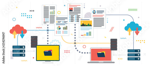 Sharing and transferring documents and data. Transfer data between computer and laptop. Backup data and computer network. Template in flat design for web banner or infographic in vector illustration.