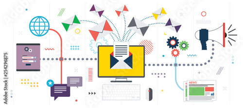 Business communication and email marketing. Send or receive email, digital marketing, analytics and strategy. Template in flat design for web banner or infographic in vector illustration.