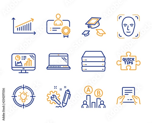 Throw hats, Engineering and Servers icons simple set. Idea, Chart and Quick tips signs. Laptop, Ab testing and Certificate symbols. Analytics graph, Face detection and Receive file. Vector