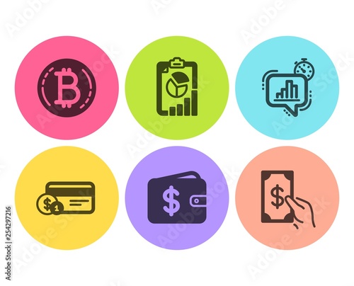 Statistics timer, Dollar wallet and Payment method icons simple set. Bitcoin, Report and Receive money signs. Growth chart, Cash money. Finance set. Flat statistics timer icon. Circle button. Vector