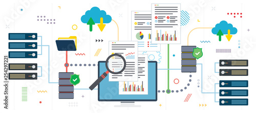Big data analysis and cloud computing. Laptop accessing data from cloud computers. Data network and business intelligence. Flat design for web banner in vector illustration.