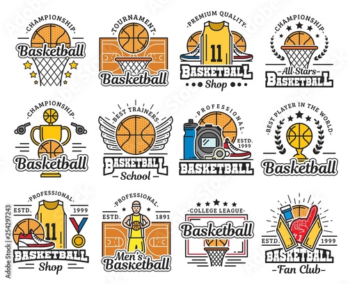 Basketball items icons, sport shop and school