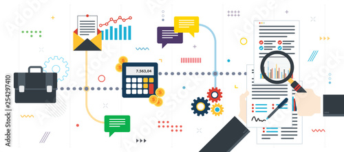 Financial investment, analytics with growth report.  Analysis of documents with charts. Calculations of rate, investment and tax. Flat design for web banner in vector illustration.