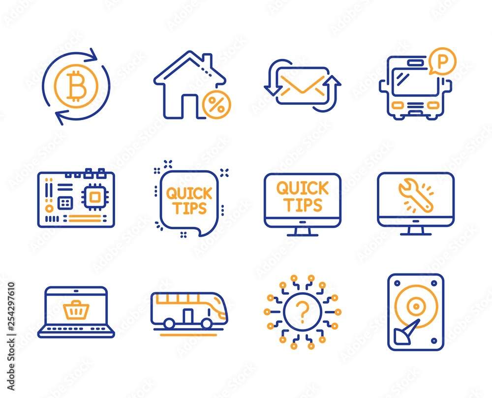 Loan house, Quick tips and Bus parking icons simple set. Online shopping, Question mark and Motherboard signs. Web tutorials, Monitor repair and Refresh mail symbols. Line loan house icon. Vector Loan house, Quick tips and Bus parking icons simple set. Online shopping, Question mark and Motherboard signs. Web tutorials, Monitor repair and Refresh mail symbols. Line loan house icon. Vector