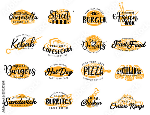 Street fast food and snack icons, lettering