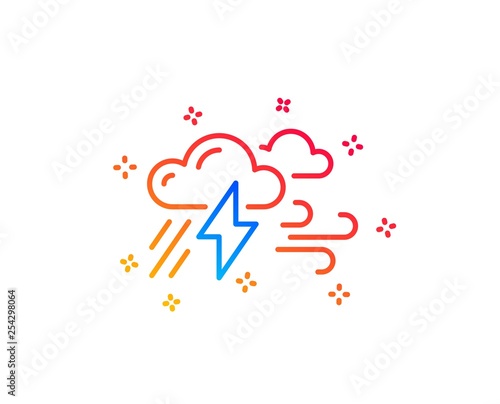 Clouds with raindrops, lightning, wind line icon. Bad weather sign. Gradient design elements. Linear bad weather icon. Random shapes. Vector