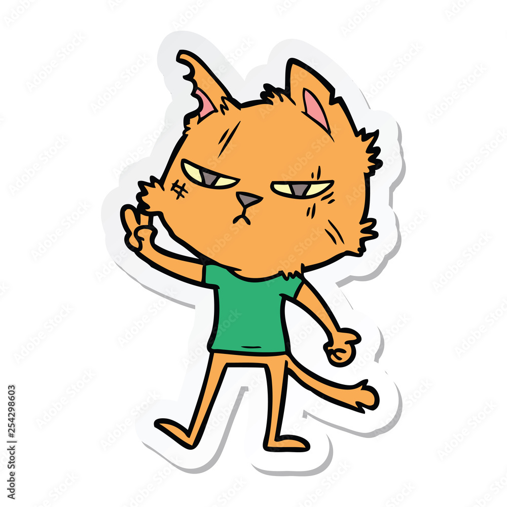 sticker of a tough cartoon cat giving victory sign sticker of a tough cartoon cat giving victory sign